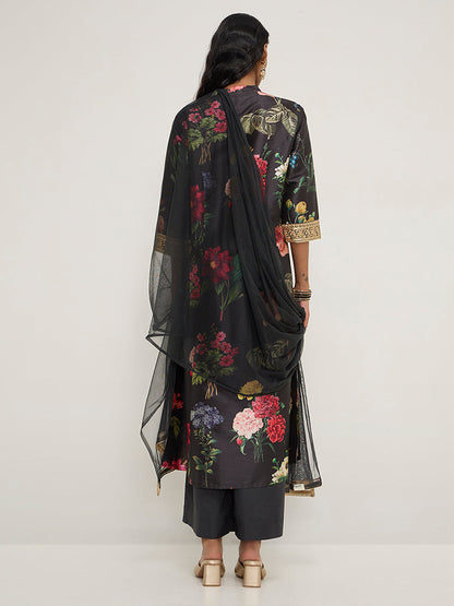 Vark Black Printed A-Line Kurta, Palazzos and Dupatta Set