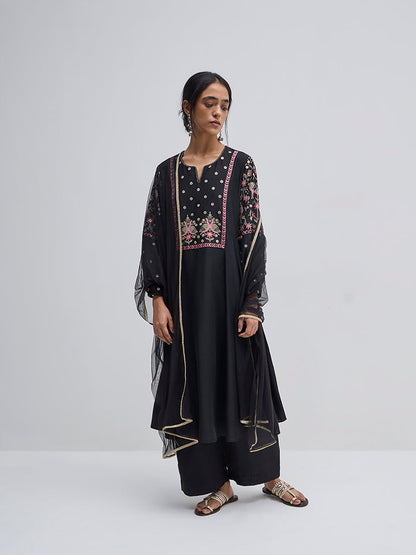 Vark Black Embroidered A-Line Kurta, Pants and Dupatta Set