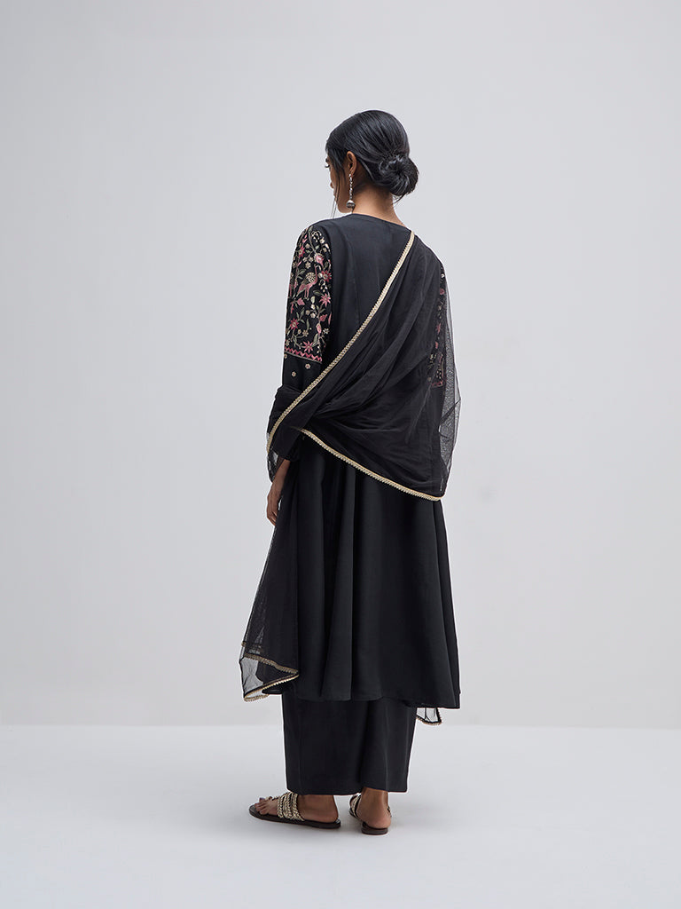 Vark Black Embroidered A-Line Kurta, Pants and Dupatta Set