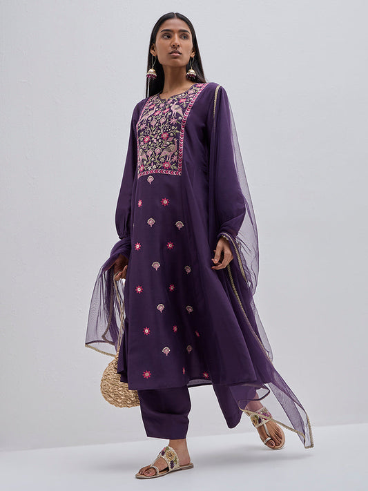 Vark Purple Embroidered Kurta, Pants and Dupatta Set