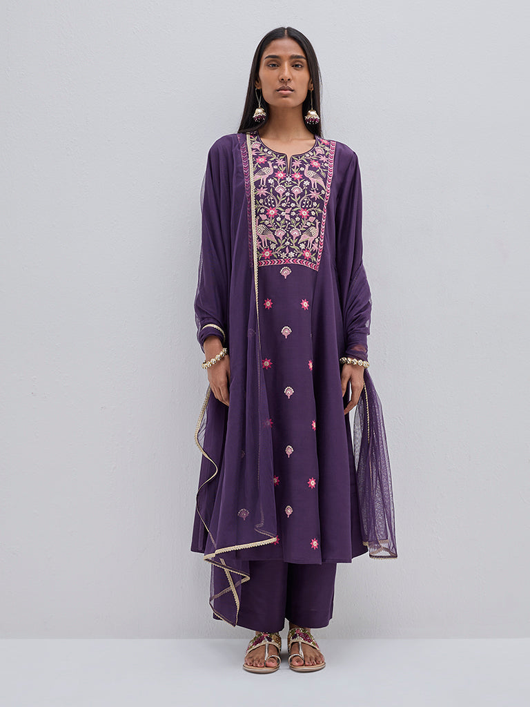 Vark Purple Embroidered Kurta, Pants and Dupatta Set