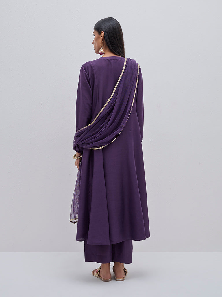 Vark Purple Embroidered Kurta, Pants and Dupatta Set