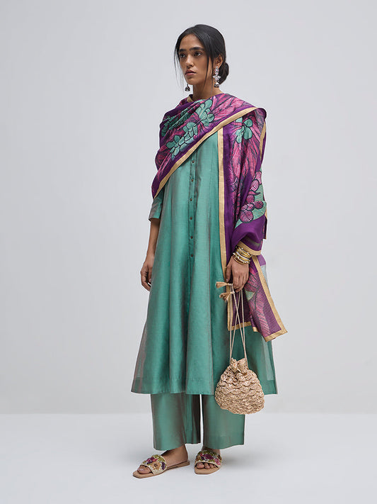 Vark Green Solid A-Line Kurta, Pants and Dupatta Set