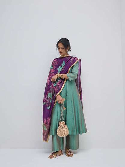 Vark Green Solid A-Line Kurta, Pants and Dupatta Set