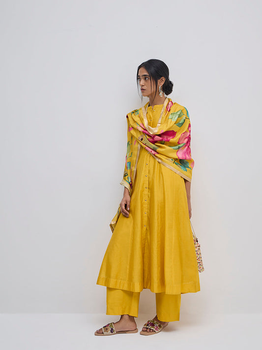 Vark Yellow Solid A-Line Kurta, Pants and Dupatta Set