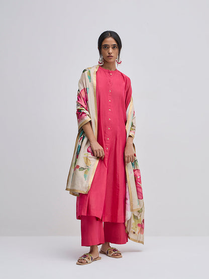 Vark Pink Solid A-Line Kurta, Pants and Dupatta Set