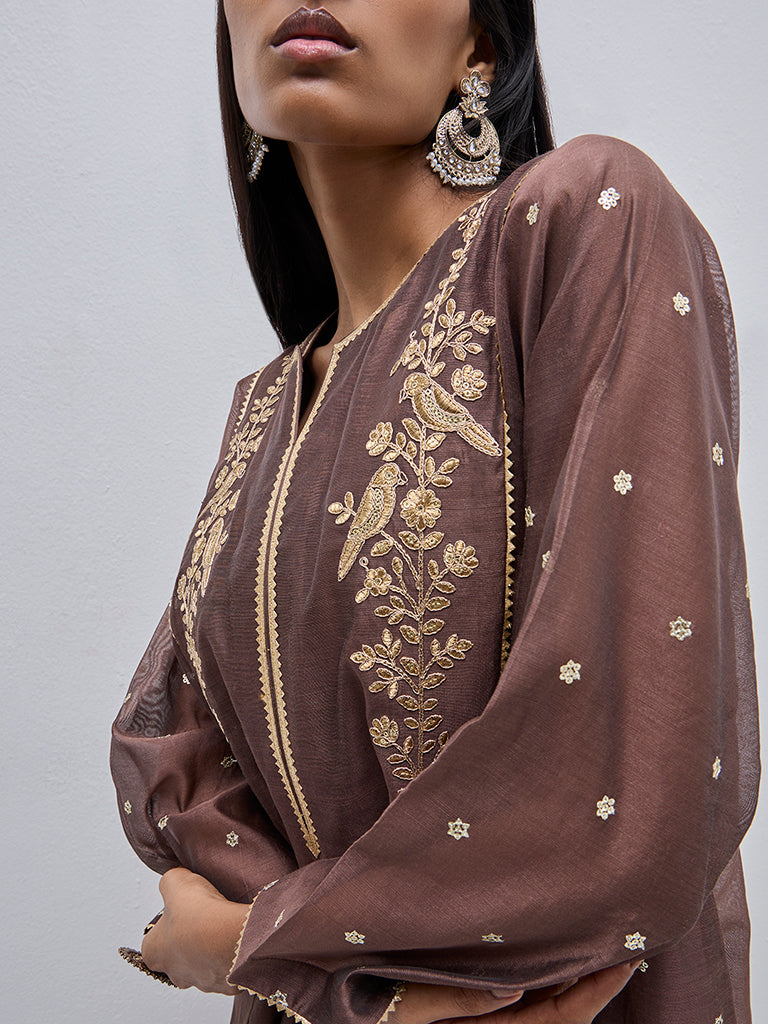 Vark Brown A-Line Kurta, Inner, Pants and Dupatta Set