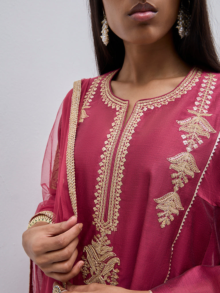 Vark Magenta A-Line Kurta, Inner, Pants and Dupatta Set