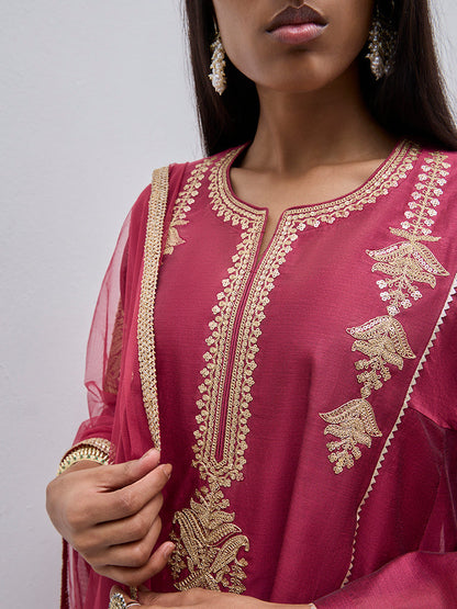 Vark Magenta A-Line Kurta, Inner, Pants and Dupatta Set