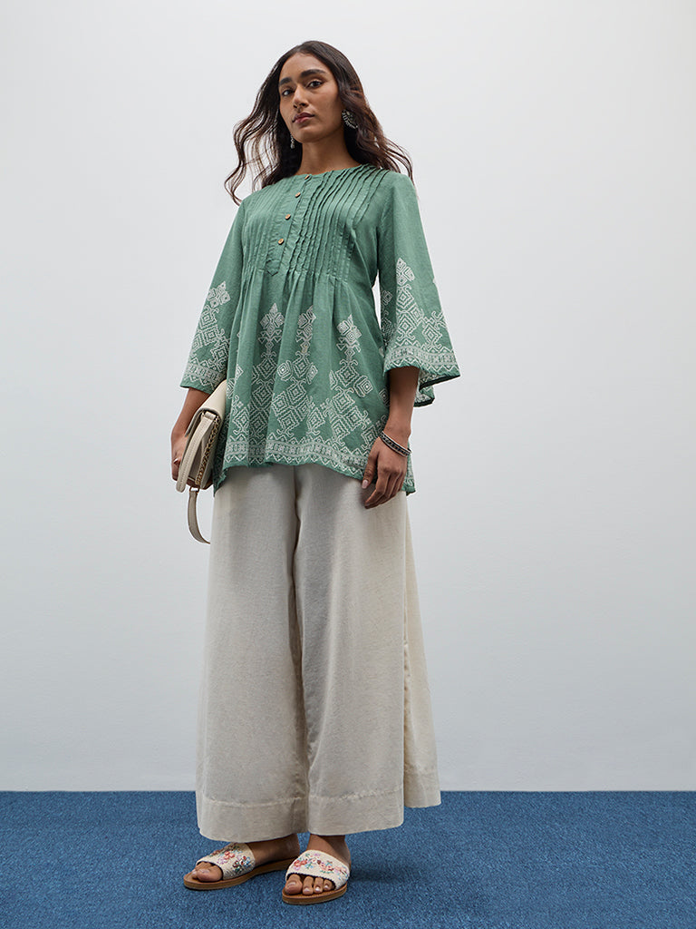 Utsa Sage Pintuck Detailed A-Line Cotton Kurti