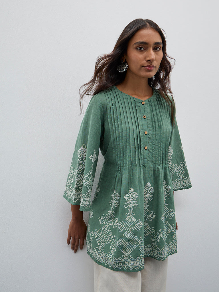 Utsa Sage Pintuck Detailed A-Line Cotton Kurti