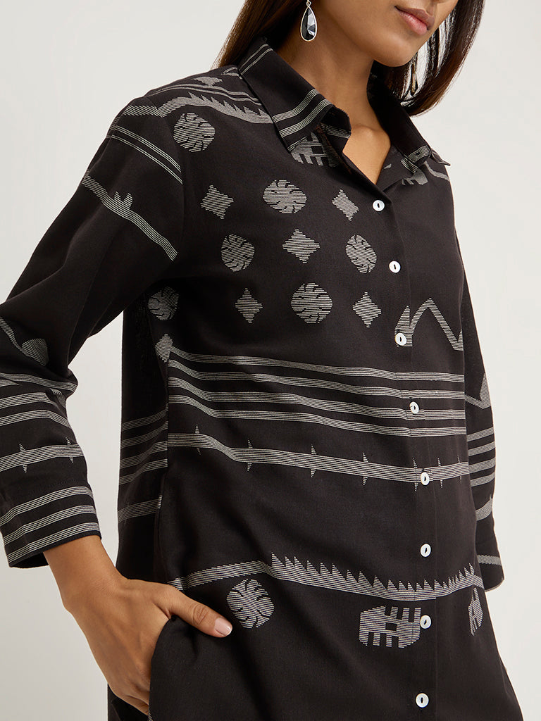 Utsa Black Ikat Printed Ethnic Cotton Blend Tunic