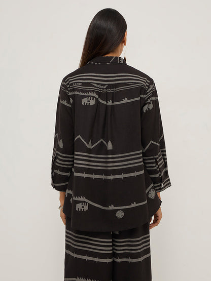 Utsa Black Ikat Printed Ethnic Cotton Blend Tunic