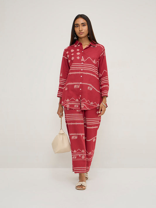 Utsa Red Ikat Printed Ethnic Cotton-Blend Tunic