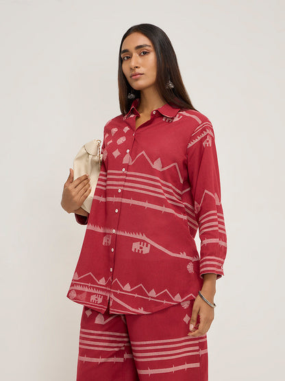 Utsa Red Ikat Printed Ethnic Cotton Blend Tunic