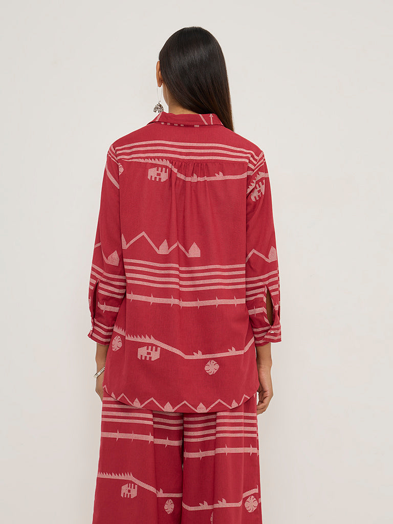 Utsa Red Ikat Printed Ethnic Cotton-Blend Tunic