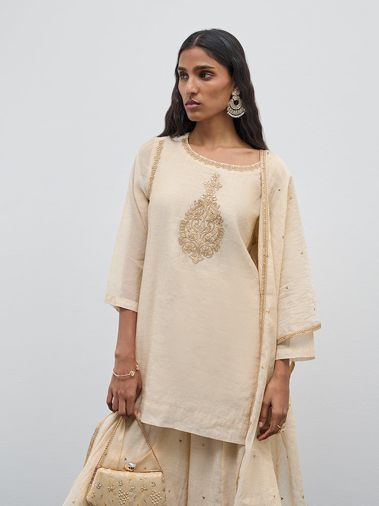 Zuba Beige Embroidered Straight Kurti