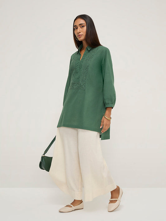 Utsa Green Crochet Embroidered High-Low Cotton Kurti