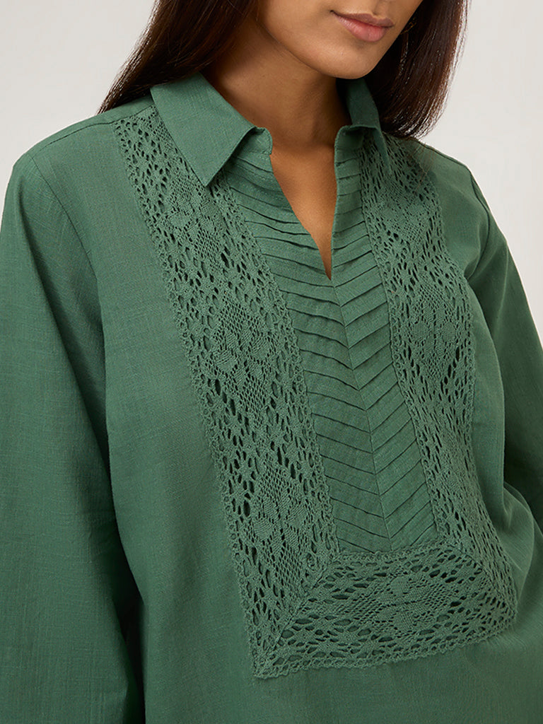 Utsa Green Crochet Embroidered High-Low Cotton Kurti