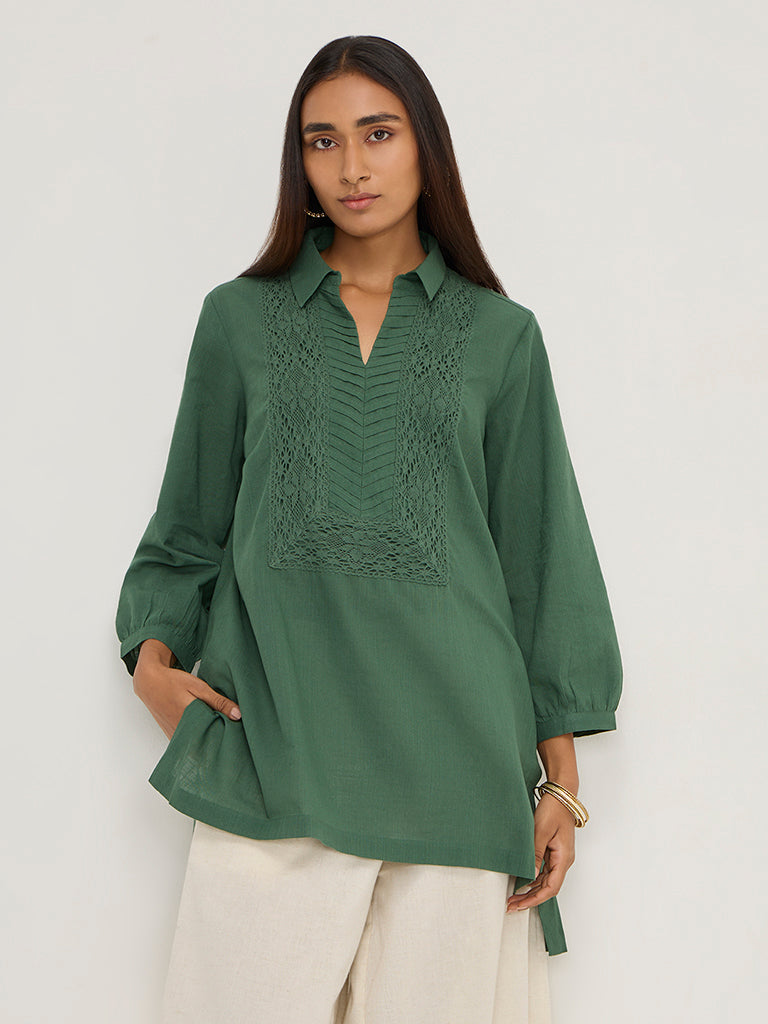 Utsa Green Crochet Embroidered High-Low Cotton Kurti