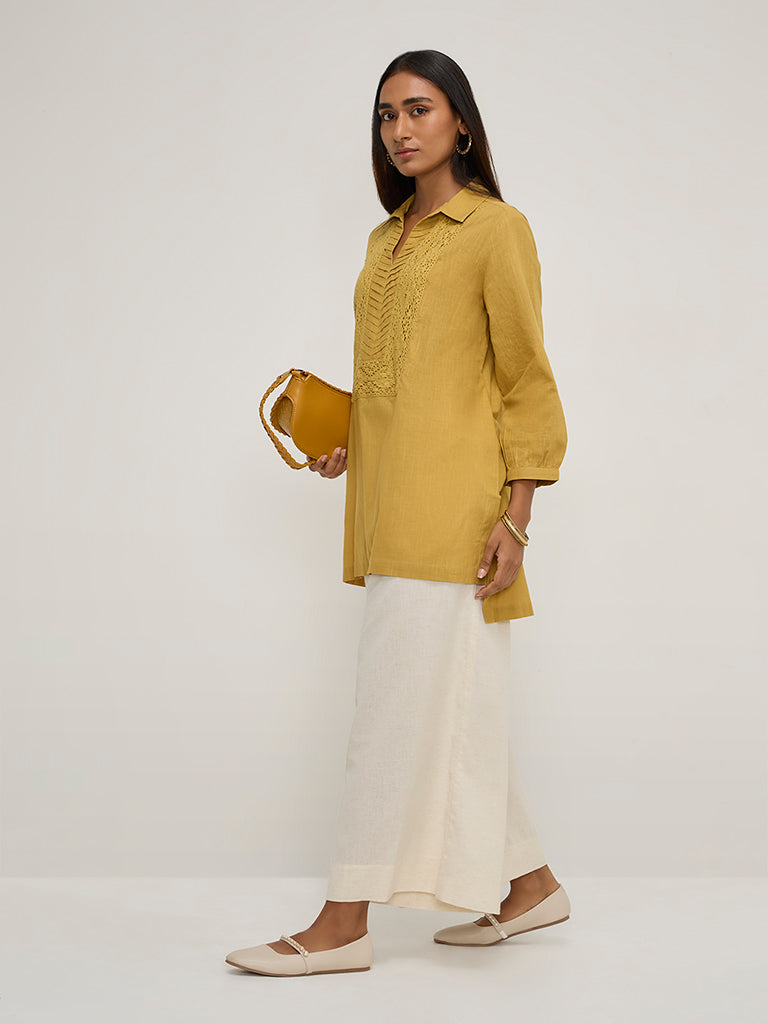 Utsa Yellow Crochet Embroidered High-Low Cotton Kurti