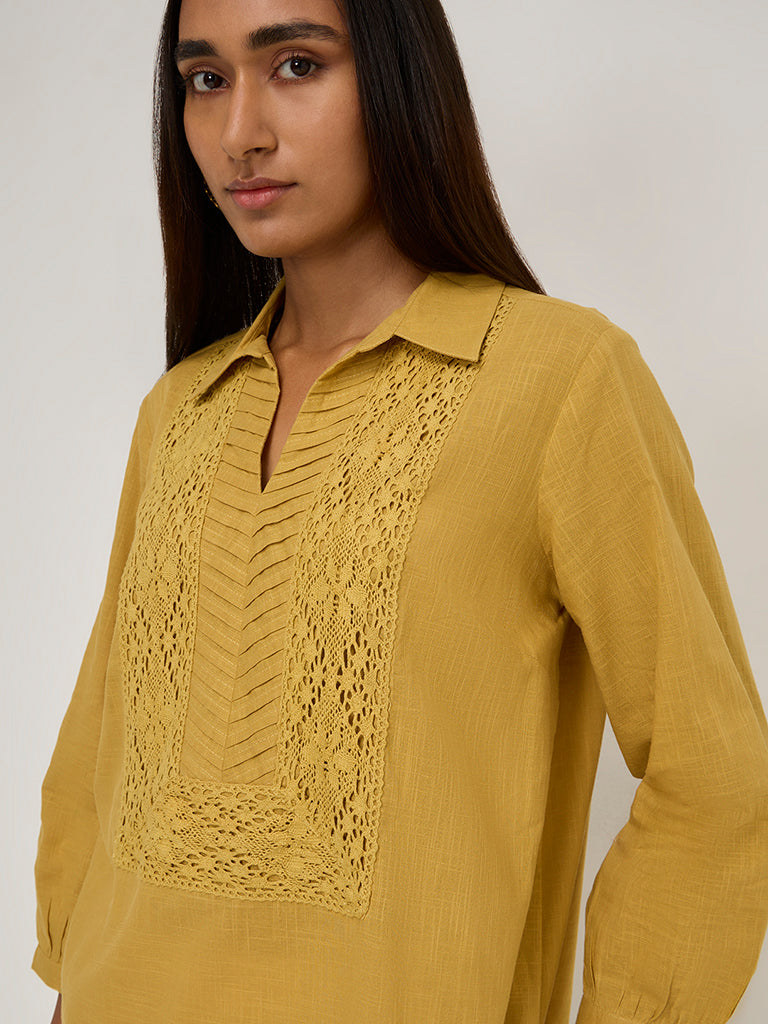 Utsa Yellow Crochet Embroidered High-Low Cotton Kurti