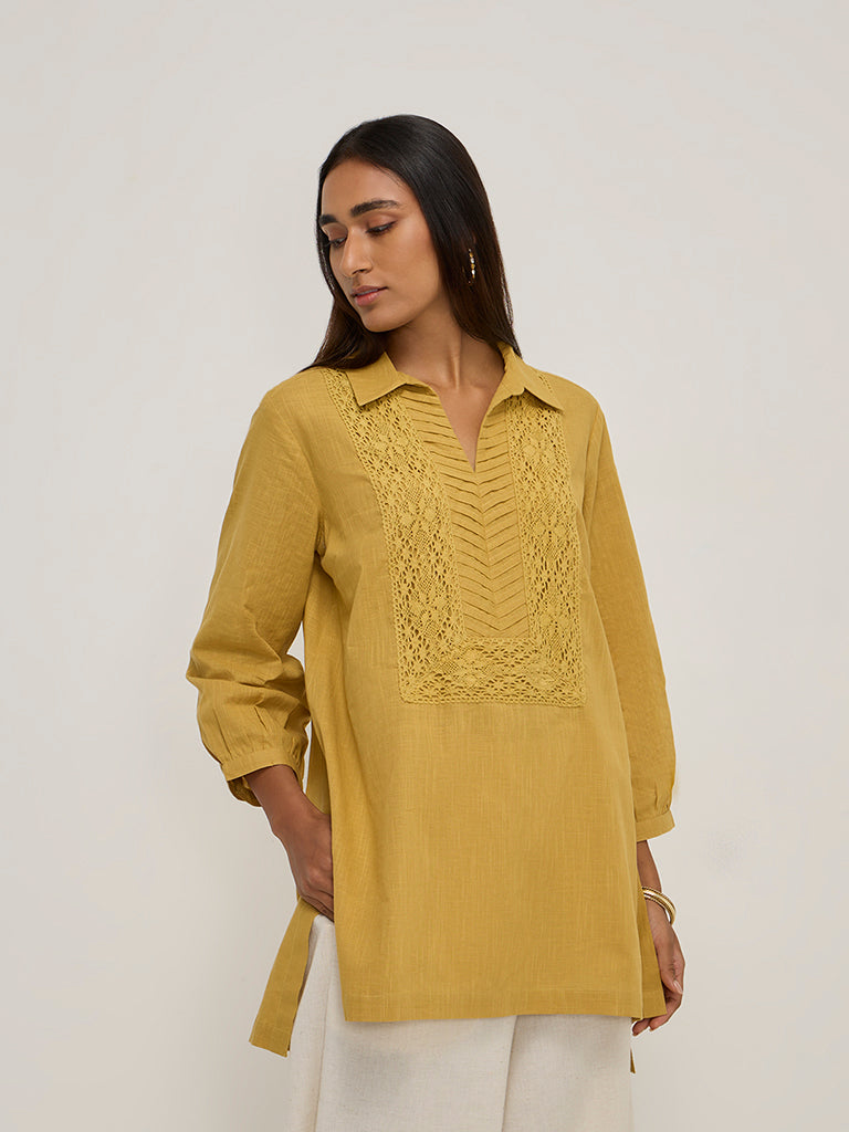 Utsa Yellow Crochet Embroidered High-Low Cotton Kurti