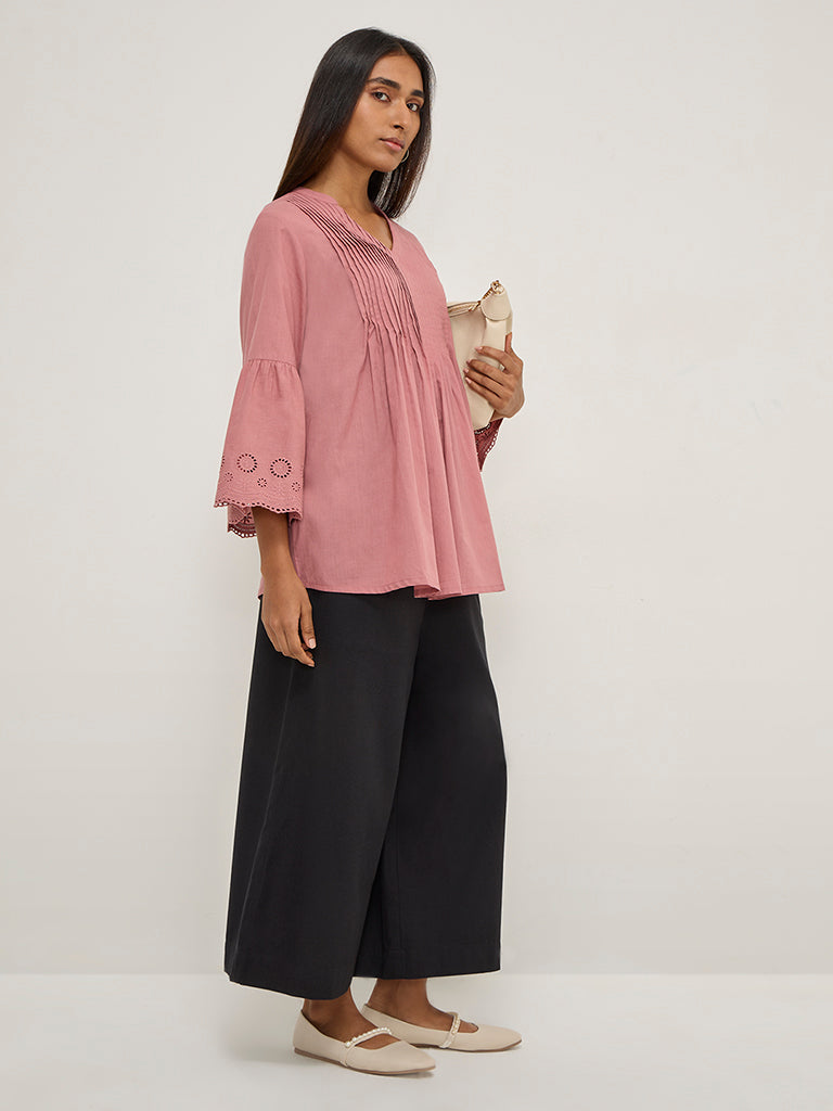 Utsa Pink Pintuck Detailed Cotton Tunic