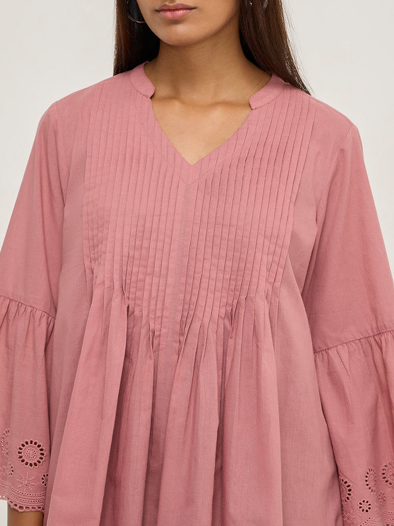 Utsa Pink Pintuck Detailed Cotton Tunic