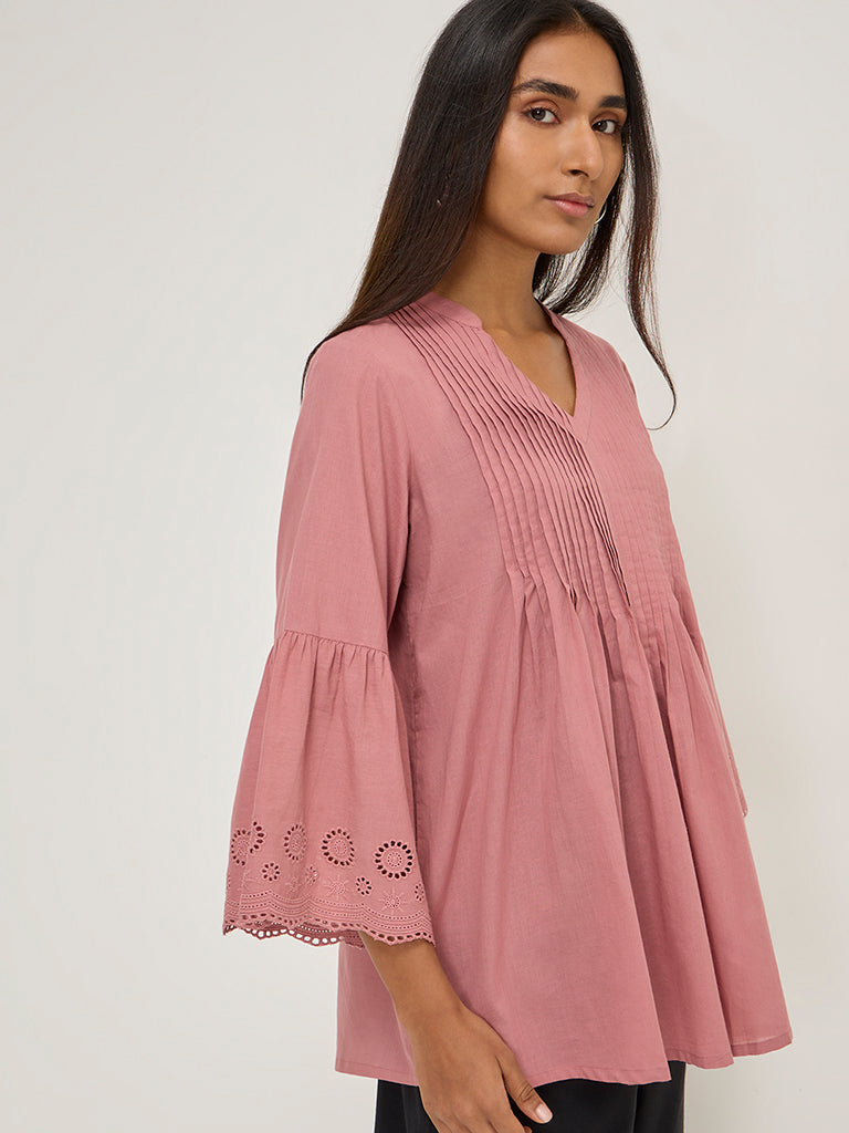 Utsa Pink Pintuck Detailed Cotton Tunic