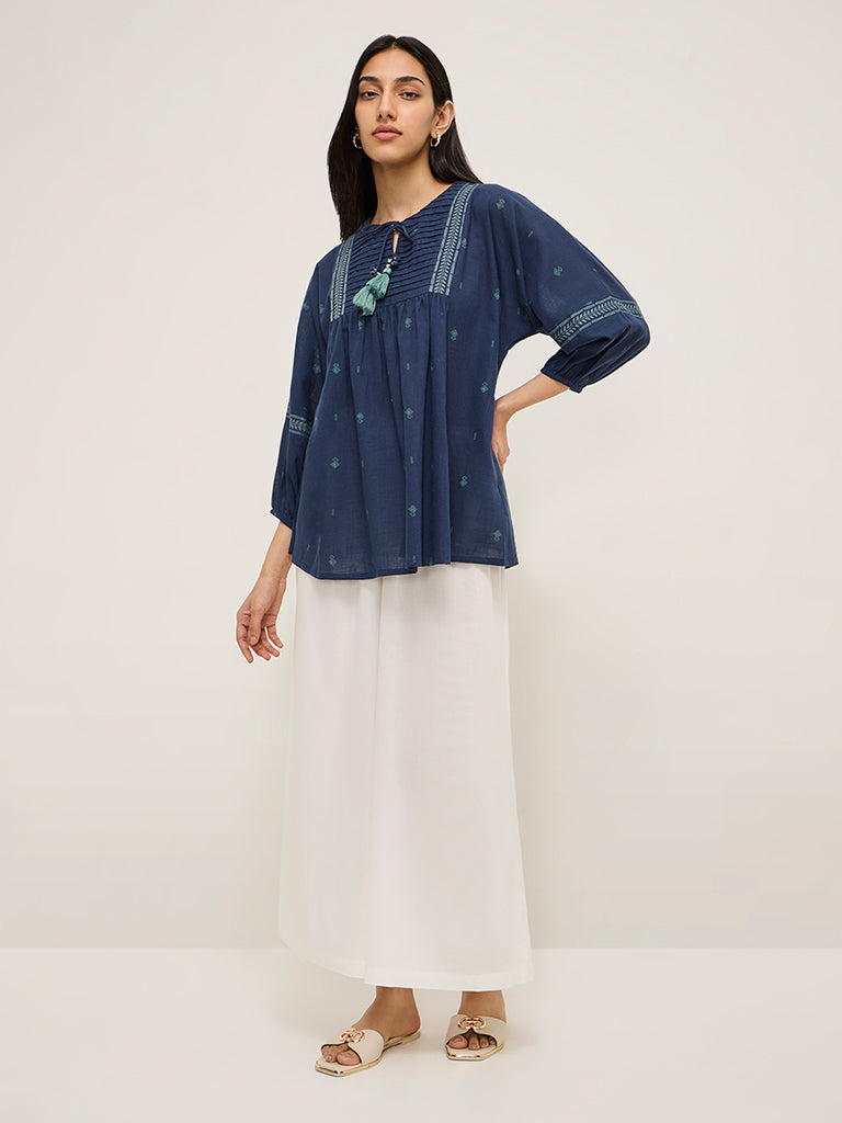 Utsa Navy Pintuck Detailed Fit-and-Flare Cotton Kurti