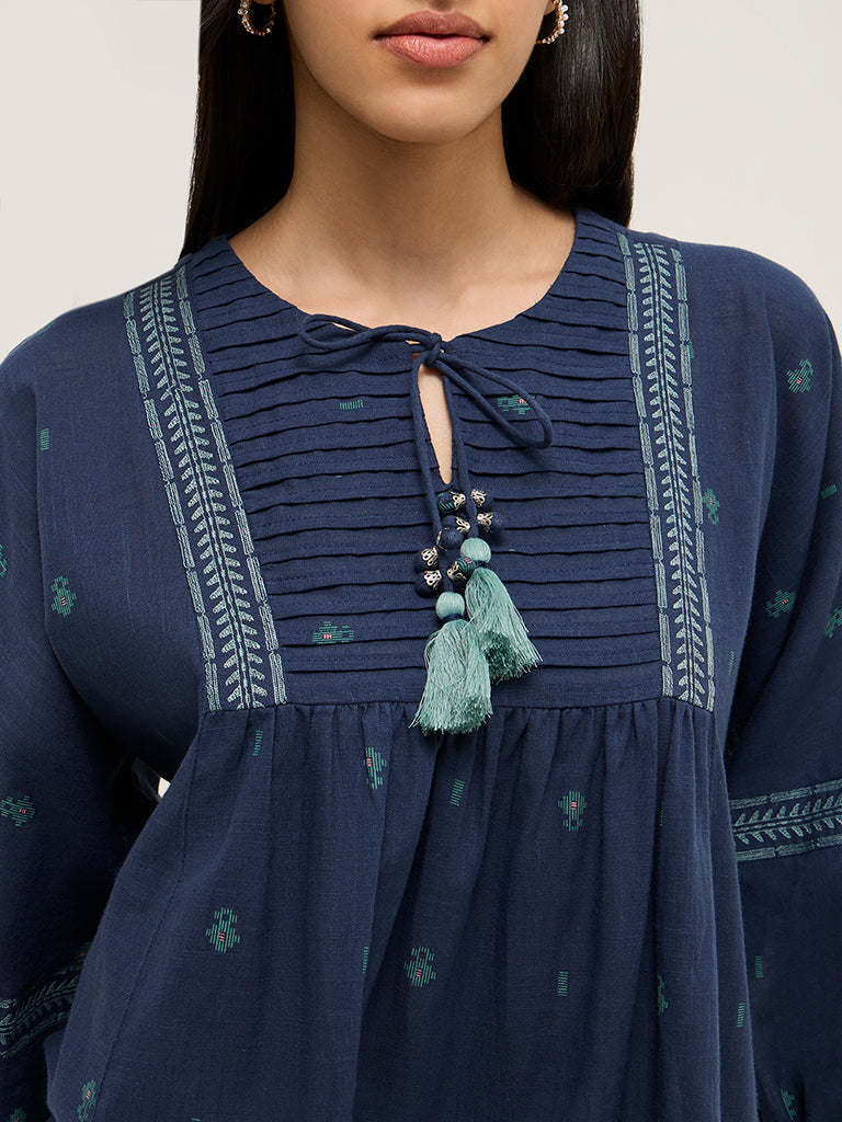 Utsa Navy Pintuck Detailed Fit-and-Flare Cotton Kurti