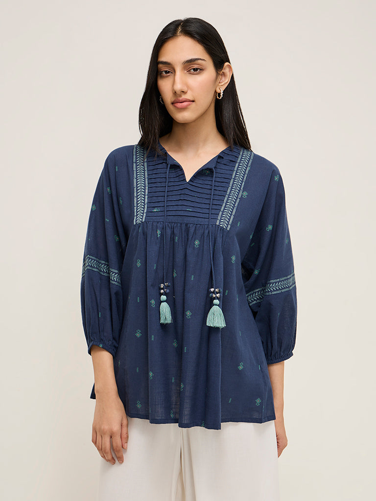 Utsa Navy Pintuck Detailed Fit-and-Flare Cotton Kurti