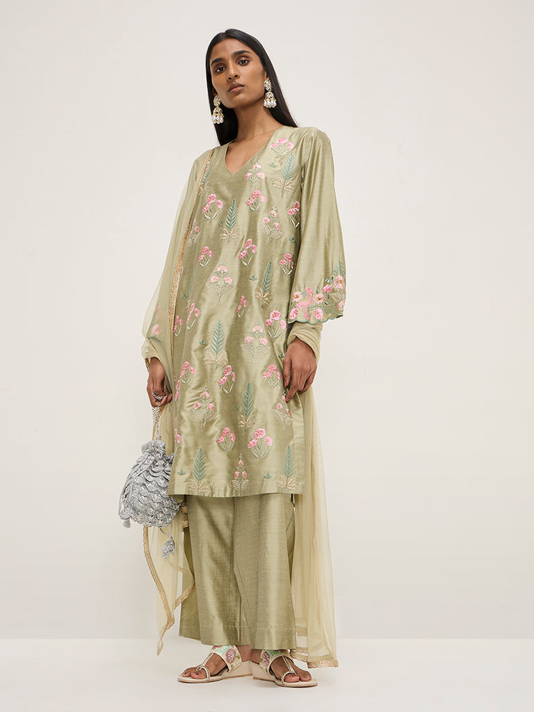 Vark Sage Embroidered Kurta, Ethnic Pants and Dupatta Set