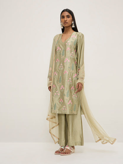 Vark Sage Embroidered Kurta, Ethnic Pants and Dupatta Set