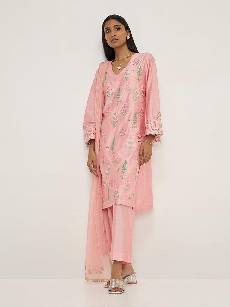 Vark Pink Floral Embroidered Kurta, Pants and Dupatta Set