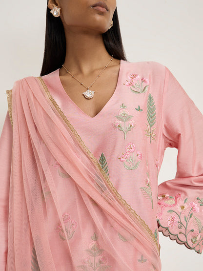 Vark Pink Floral Embroidered Kurta, Pants and Dupatta Set