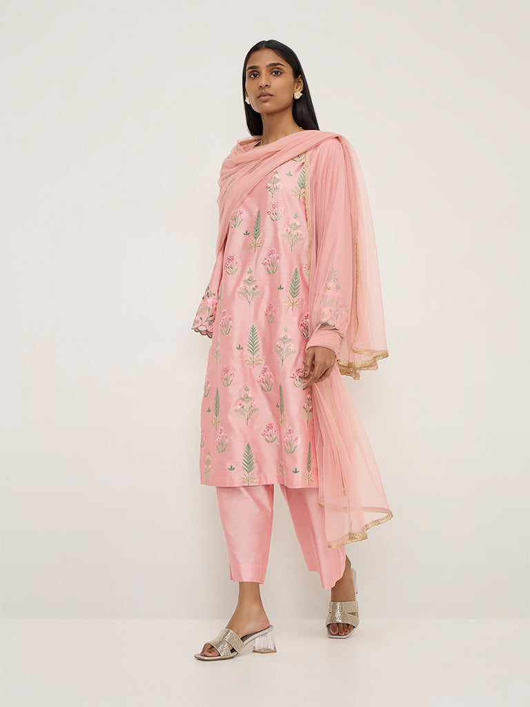 Vark Pink Floral Embroidered Kurta, Pants and Dupatta Set