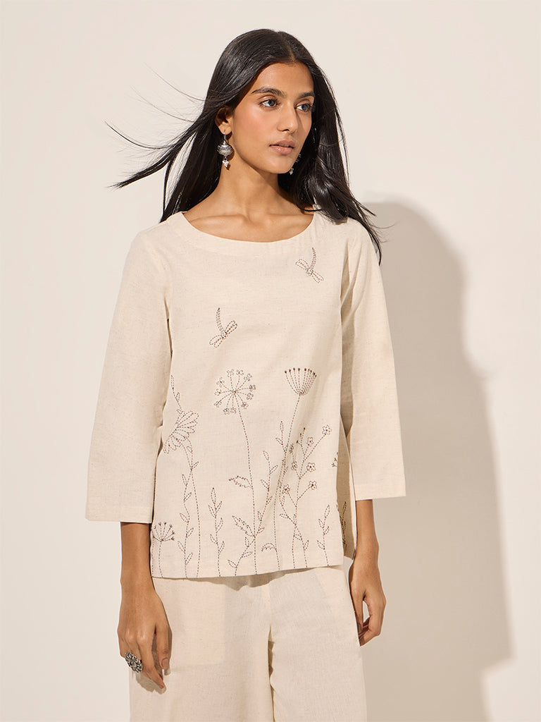 Utsa Off-White Kantha Stitch Cotton-Blend Tunic