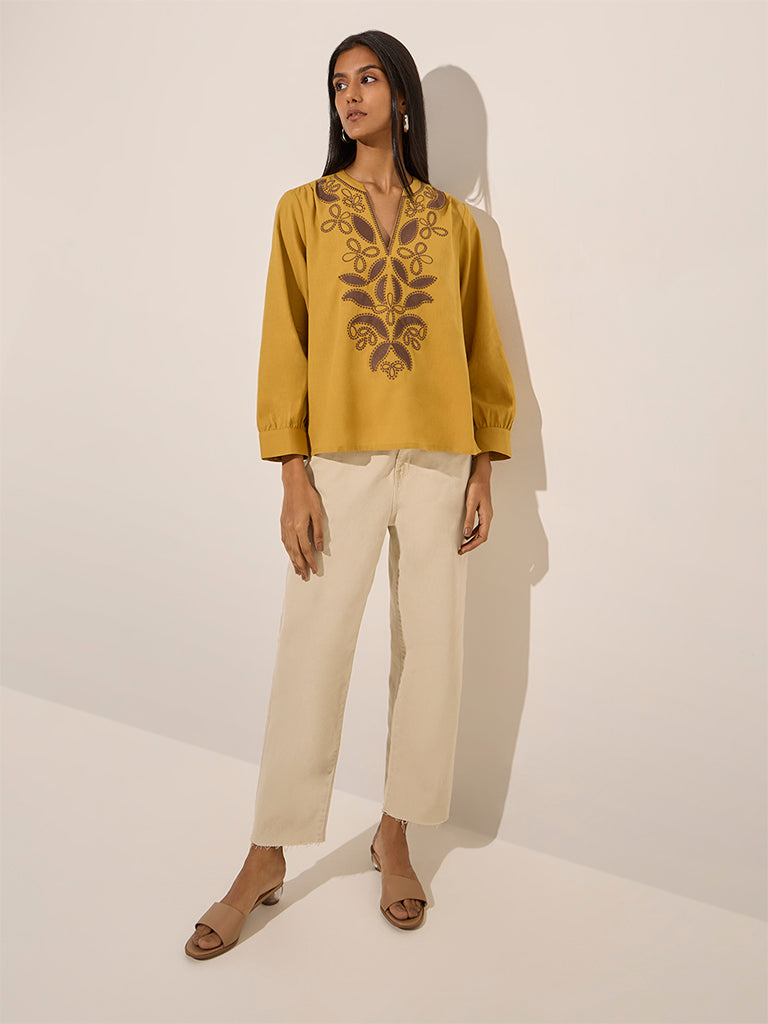 Utsa Mustard Floral Embroidered Cotton Tunic