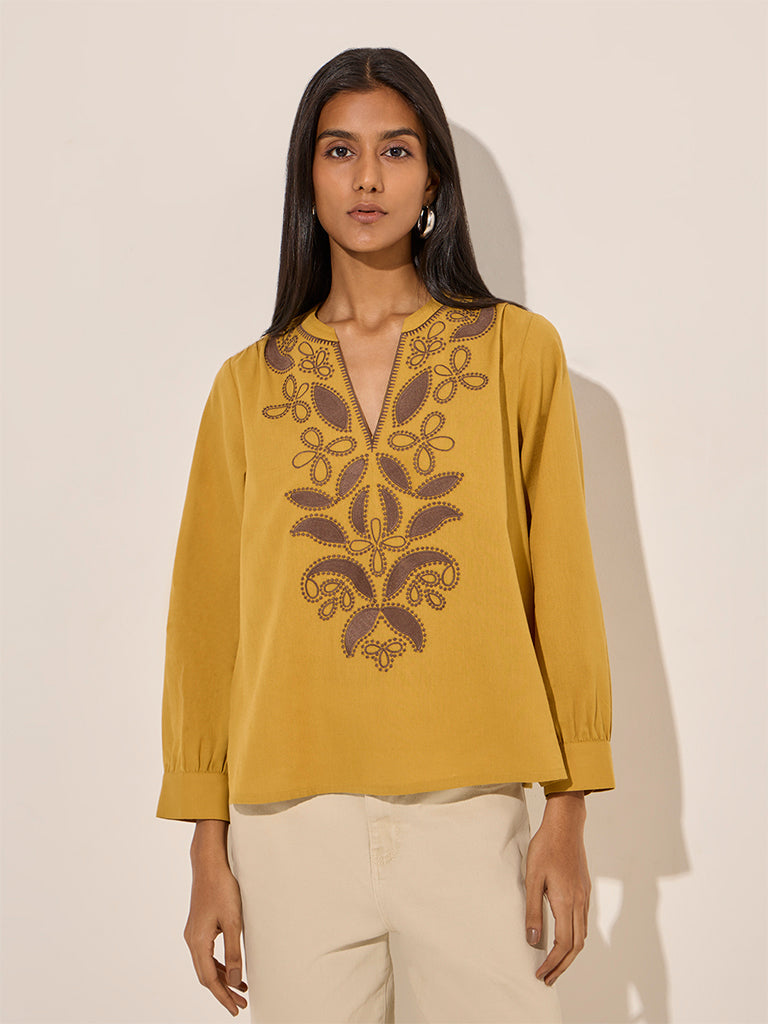 Utsa Mustard Floral Embroidered Cotton Tunic