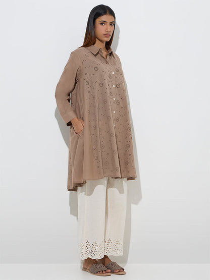 Utsa Taupe Schiffli Detailed Cotton Tunic