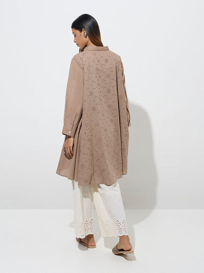 Utsa Taupe Schiffli Detailed Cotton Tunic