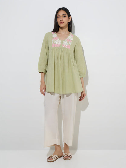 Utsa Light Green Floral Embroidered Cotton Tunic