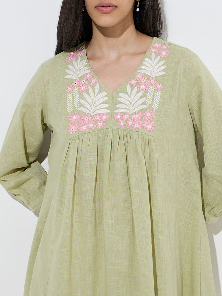 Utsa Light Green Floral Embroidered Cotton Tunic