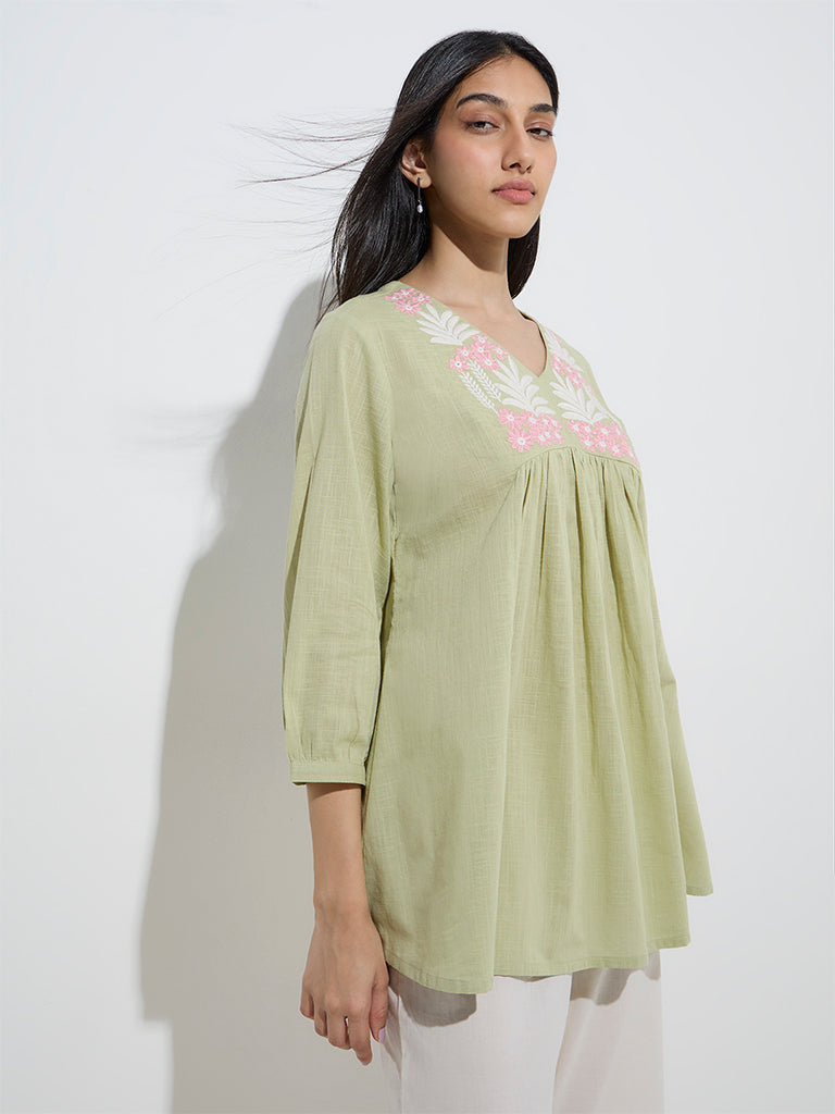 Utsa Light Green Floral Embroidered Cotton Tunic