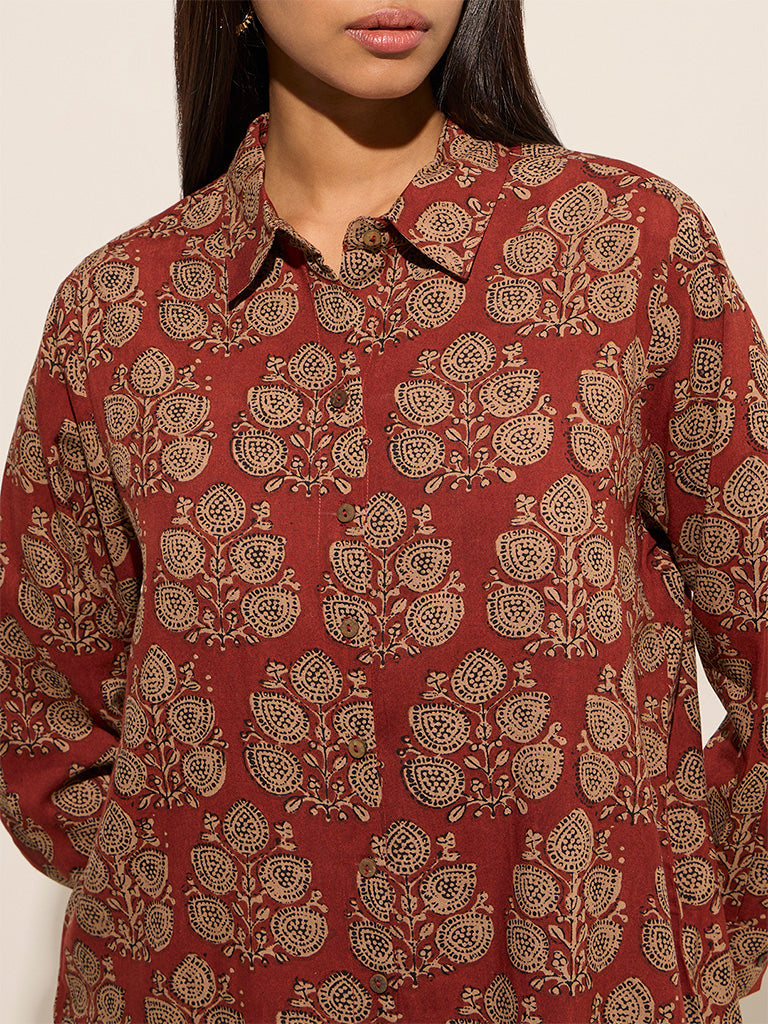 Utsa Maroon Botanical Printed Straight Tunic