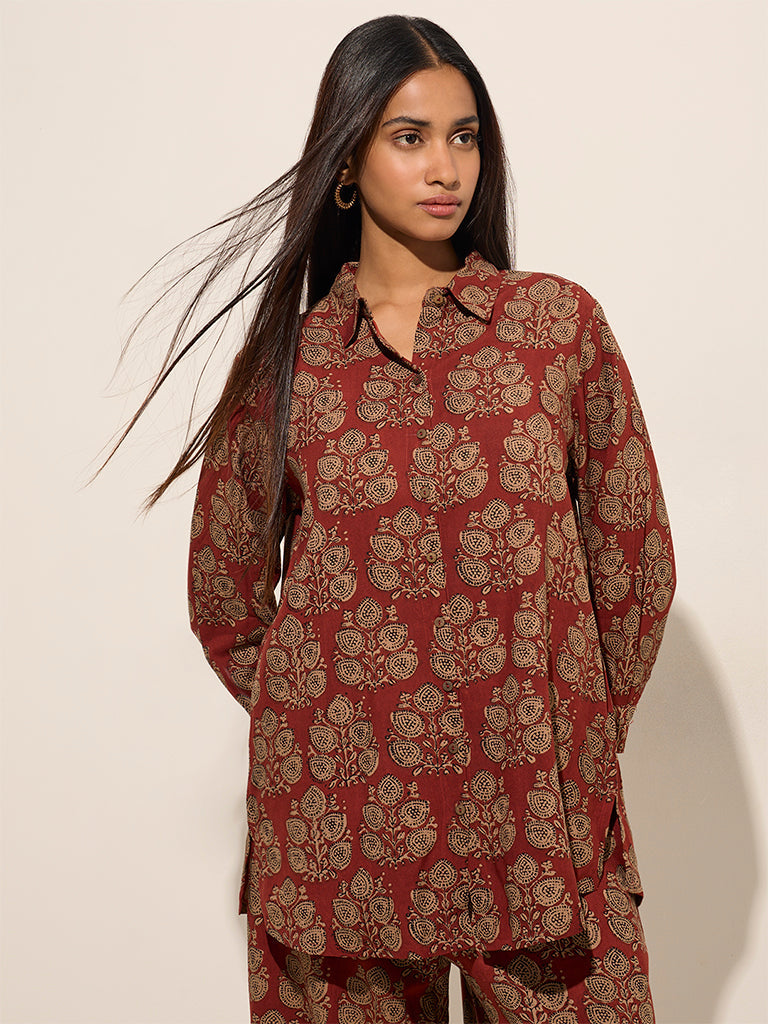 Utsa Maroon Botanical Printed Straight Tunic