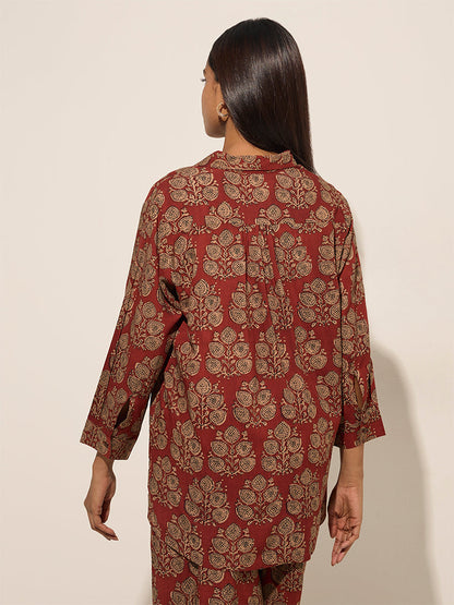 Utsa Maroon Botanical Printed Straight Tunic