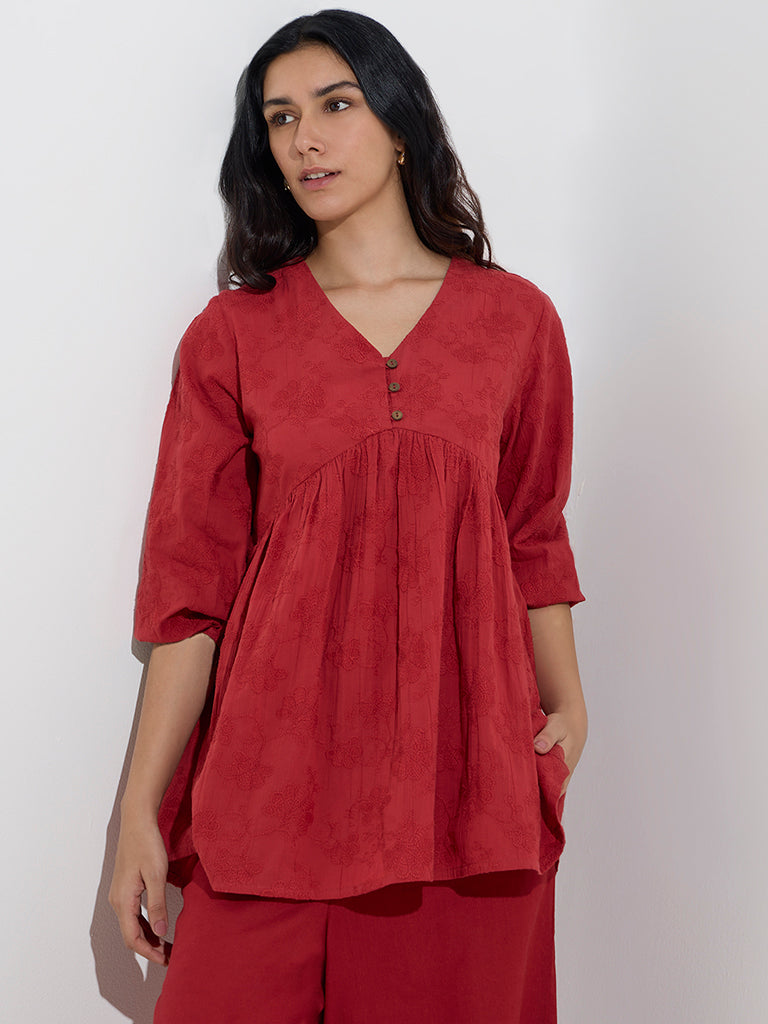 Utsa Red Floral Embroidered Pleated Cotton Kurti